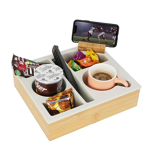 Hitseon Couch Cup Holder Tray, Handy Silicone Bamboo Couch Caddy with Rotatable Phone Holder for Bed Car Seat Organizer, Waterproof Anti-Spill Sofa Cup Holder for Snacks Beverage Remote (White)