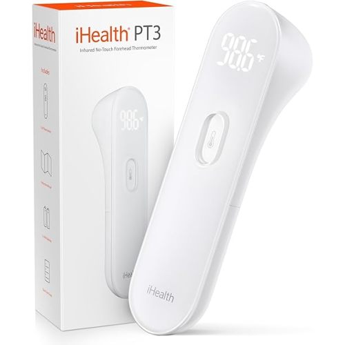 iHealth No-Touch Forehead Thermometer for Adults, Kids, Babies - 1s Fast Accurate, 3 Ultra-Sensitive Sensors, Quiet Vibration Feedback, Digital Large LED Digits, Easy to Use for Home & Nurses, PT3