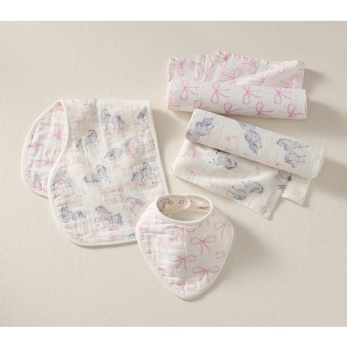 Pottery Barn Kids Unicorn Bows Organic Muslin Bib, Burp & Swaddle Set