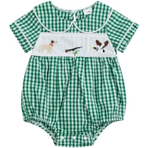 SAYOO Baby Girls Duck Romper Mallard Duck Embroidery Smocked Bubble Romper Bodysuit Newborn Infant Toddler Hunting Outfit