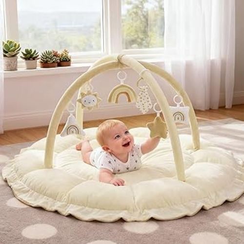 5-in-1 Thick & Plush Baby Play Gym, Baby Play Mats for Floor, Tummy Time Mat with 6 Toys, Convertible Stage-Based Developmental from Babies to Toddlers, Ball Pit, Cream