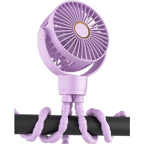 Portable Stroller Mini Fan, Small Rechargeable Personal Cooler w/ 360° Rotation, 3-Speed, Battery Powered Stroller Accessories, Baby Essentials for Car Seat, Crib, Bike, Treadmill, Plum