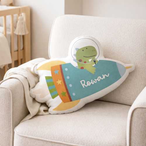 Spaceship Shape Pillow, Personalized Nursery Decor, Dino Space Playroom Accent, Kids Room Cushion