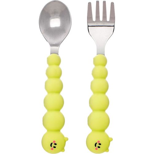 melii Caterpillar Spoon and Fork Utensil Set for Toddlers - BPA-Free Silicone and Stainless Steel Kids Utensils - Ergonomic, Easy-Grip Design for Fun & Safe Eating for Children