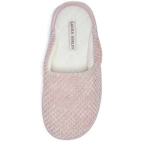 Laura Ashley Womens Plush Memory Foam Scuff Slippers, Fluffy Warm Micro Terry House Shoes, Comfy Slip On Bedroom Slipper