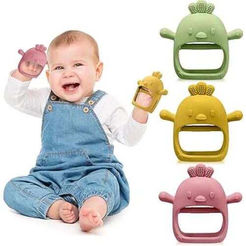 3 Pack Baby Teether Teething Toys for Babies 0-6 Months Baby Teething Toy Silicone Anti Dropping Infant Hand Teether Pacifiers Wrist Hand Chew Toys for Sucking Needs(Olive Green, Red, Yellow, Chick)