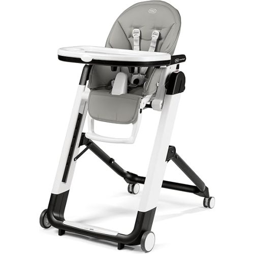 Peg Perego Siesta, Grow with Baby Folding High Chair & Recliner, Height Adjustable, Quick Claen & Easy Push Wheels for Babies & Toddlers, Made in Italy, Ice (Grey)