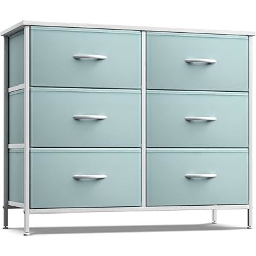 Sorbus Dresser with 6 Drawers - Furniture Storage Tower Unit for Bedroom, Hallway, Closet, Office Organization - Steel Frame, Wood Top, Easy Pull Fabric Bins (6-Drawer, Pastel Aqua)