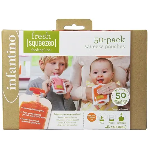 Infantino Disposable Squeeze Pouches, Portable Homemade Semi-Solid Food for Babies and Toddlers, 4 Fl Oz (Pack of 50)