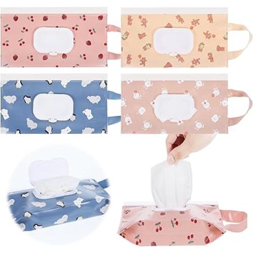 4Pack Baby Wipes Dispenser, Reusable Travel Baby Wipes Container, Refillable Wipe Holder Portable Wet Wipe Pouch Bags for Outdoor Outings Camping Hiking Diaper, Keeps Wipes Fresh