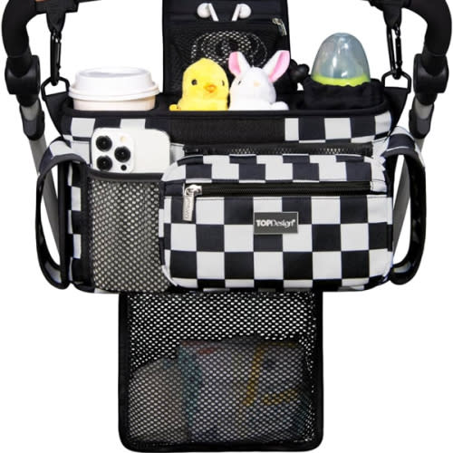 TOPDesign Universal Baby Stroller Organizer, Stroller Caddy with Detachable Mesh Bag & Heightened Insulated Cup Holders & Non-Slip Secure Hooks Accessories, Fits Most Strollers (Checkerboard)