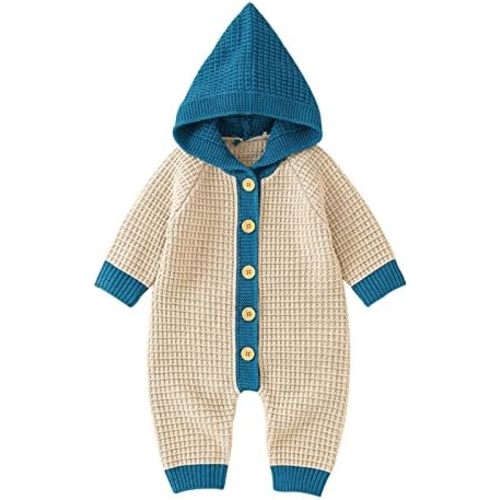 Newborn Baby Boys Girls Hooded Jumpsuit Knitted Sweater Romper Long Sleeve Fall Winter Outfits One-𝐏iece Onesi𝐞