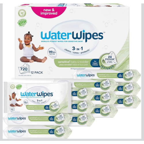 WaterWipes Sensitive+ Baby & Toddler Wipes, 3-In-1 Cleans, Cares, Protects, 99.9% Water, Textured Clean, Unscented & Hypoallergenic, 720 Count (12 Packs)