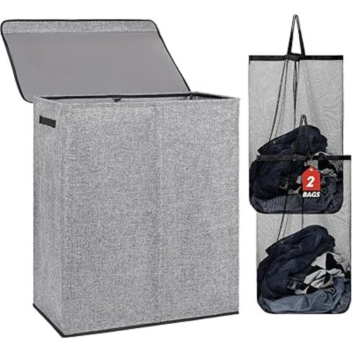 DOKEHOM 150L Double Laundry Basket with Lid and Removable Laundry Bags, Large Collapsible Laundry Hamper with 2 Sections for Bedroom, Bathroom, Laundry Room, Colloge (Grey)