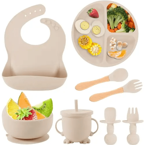 Silicone Baby Feeding Set, Baby Led Weaning Supplies with Suction Bowl Divided Plate, Toddler Self Feeding Dish Set with Spoons Forks Sippy Cup Adjustable Bib, Baby Eating Utensils(Beige)