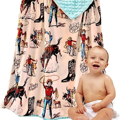 Western Baby Blanket, Cowboy Blanket Baby Wild West Country Western, Farm House Horse Blanket Gift Baby Cowgirl Cowboy Minky Soft Receiving Security Bed Swadling Throw Blanket (Ivory Yeehaw)