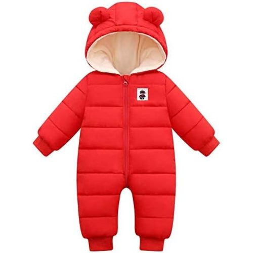 Unisex Baby Snowsuit Infant Cute Bear Hooded Winter Warm Flannel Lining Romper