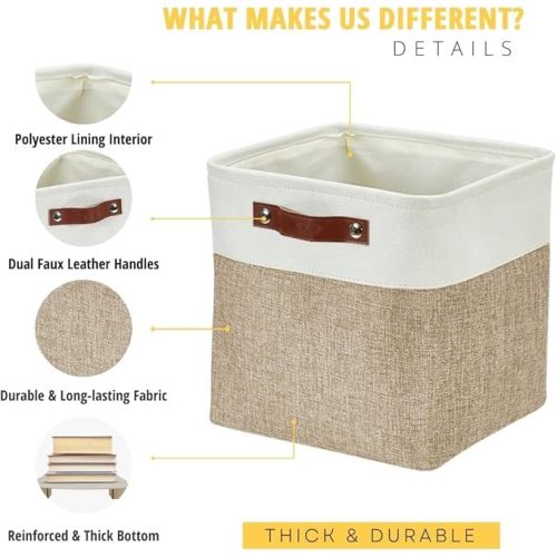 DECOMOMO Fabric Storage Cubes 11x11 Cube Storage Bins, Shelf Baskets 4 Pack Decorative Storage Boxes with Handles for Organizing Shelf Closet Nursery Toys Cloth Bathroom (Beige&White) - Beige and White - Cube/4P - 11"x11"x11"