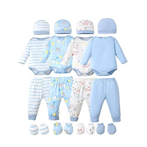 NZRVAWS Newborn Baby Boy Clothes Infant Romper Pants Set Hat 4-Pack Outfits 0-12 Months 16 Pieces Gift Toddler Girl Unisex