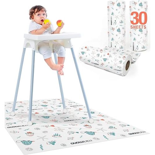 Minimono Baby Splat Mat for Under High Chair - 30 Pcs Disposable and Waterproof Splash Mats - 40"x47" Multipurpose Activity Mat for Picnic Art and Craft - BLW Baby Led Weaning Supplies (Sea Animals)