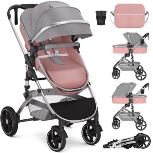TEAYINGDE 2 in 1 Baby Stroller,Foldable Lightweight Carriage Reversible Bassinet Pram for Toddler,Travel Stroller with with Cup Holder、Storage Bag,Pink