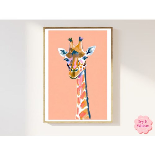 Peach Giraffe Wall Art Print - African Giraffe Poster - Bar cart Art Print Gift Idea - Colourful Prints - Gloss or Matte - A5,A4,A3,A2