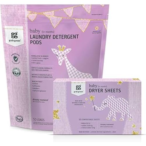Grab Green Baby Laundry Detergent Pods and Dryer Sheets Bundle, 50 Count Pods and 80 Dryer Sheets, Dreamy Rosewood Scent, Plant and Mineral Based Laundry Care Set