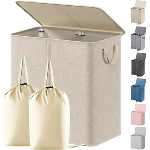 Lifewit Double Laundry Hamper with Lid and Removable Laundry Bags, Large Collapsible 2 Dividers Dirty Clothes Basket with Handles for Bedroom Laundry Room Closet Bathroom College, 136L Beige