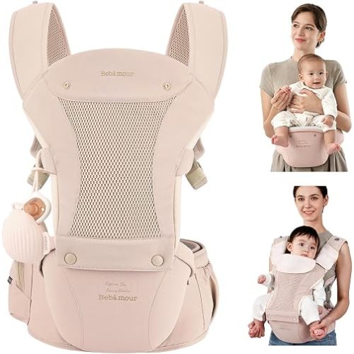Bebamour - Portabebés con asiento de cadera, asiento de cadera de malla transpirable para todas las posiciones de 0 a 36 meses con capucha para la cabeza, 3 almohadillas de algodón, extensor de cintura, bolsa de almacenamiento y funda para chupete, rosa