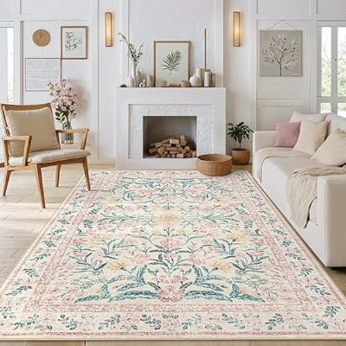 Morebes 6x9 Rug for Living Room Non Slip, Washable Light Pink Rugs for Bedroom Girls, Soft Low-Pile Boho Nursery Rug Indoor Floral Print Throw Carpet for Bedside,Pink&Green/Multi