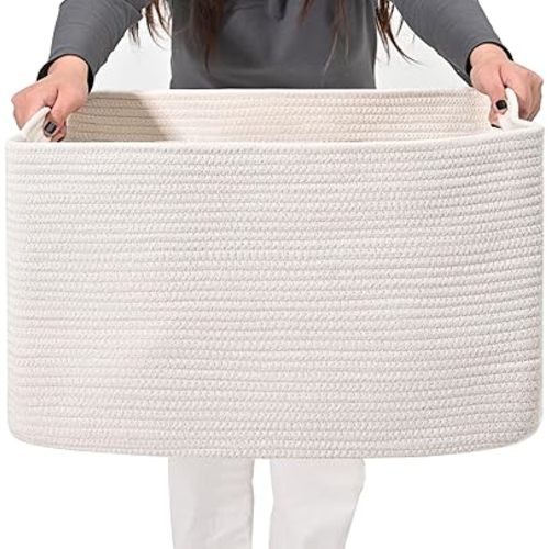 Large Rectangle Blanket Basket, Large Storage Basket, Cotton Rope Woven Baskets for Storage with Handles, Toy Baskets for Baby Nursery Living Room Bedroom, 22”x17”x12”, White, 75L