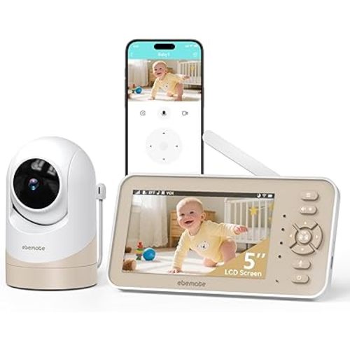 ebemate Video Baby Monitor with Camera and Audio, 5" IPS Screen, 30H Battery, Hybrid WiFi and No WiFi Connection, Pan-Tilt-Zoom, Night Vision, 2-Way Talk, 1500ft, for New Parents/Elderly EBE50P