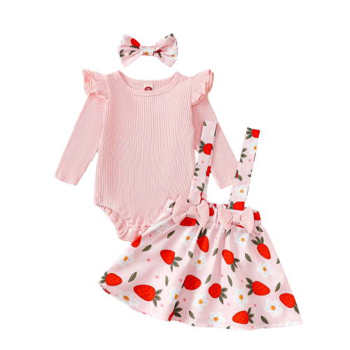 Musuos Baby Girl Sweet Fall Outfits 3 6 12 18Months Plain Long Sleeve Romper Floral/Strawberry Print Suspender Skirt Headband 3Pcs Clothes Set