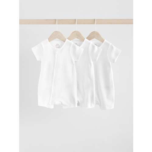 White 3 Pack Two Way Zip Baby 100% Cotton Rompers (0mths-3yrs)