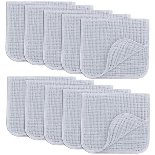 Comfy Cubs Muslin Burp Cloths 20" x 10", Pack of 10 - Large, 6-Layer, Ultra Absorbent 100% Cotton for Baby Drool and Messes - Soft, Safe & Gentle Baby Burp Cloths for Boys & Girls - Slate