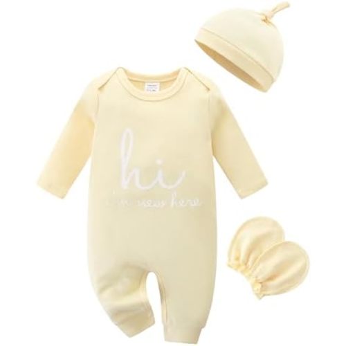 Cute Newborn Unisex Baby 100% Cotton Long Sleeve Onesie Coming Home Outfits,Soft Romper with Mittens & Hat