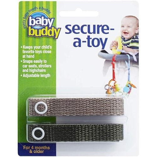 Baby Buddy Secure-a-Toy, Adjustable Pacifier and Teether Strap for Stroller, Highchair, and Car Seat, Tan Olive, 2 Pack