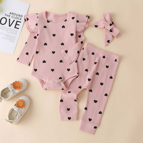 BLTIBY Newborn Infant Baby Girls Clothes Long Sleeve Solid Colour Romper Tops Pants with Headband 3Pcs Summer Outfits Pink 3-6 Months