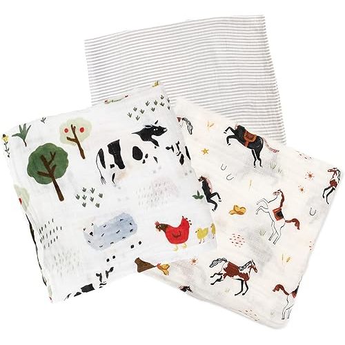 Red Rover Kids Cotton Muslin Swaddle - 47” x 47”- 100% Cotton – Machine Washable – Softer with Every Wash – Playful Designs - Soft, Breathable & Lightweight – Unisex - 3 Pack (Family Farm)