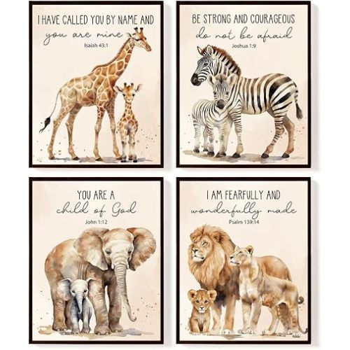 SkyCozy Christian Animal Nursery Wall Art Decor, Giraffe Zebra Elephant Lion Poster & Prints, Bible Verse Wild Animal Wall Art for Kids Boy Girl Room Bedroom Decor, 8x10Inch Set of 4 (UNFRAMED)