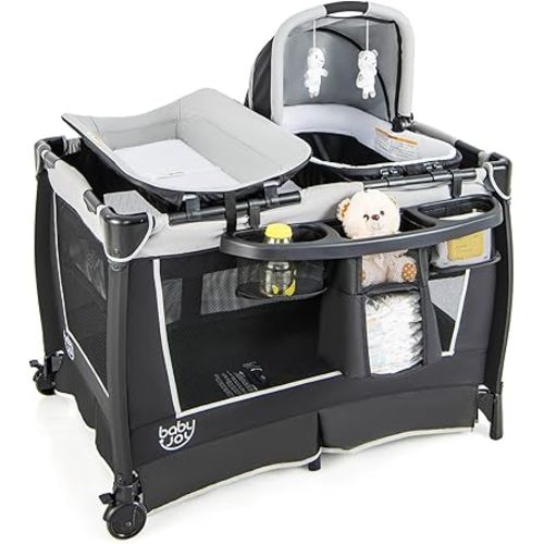 BABY JOY 4 in 1 Pack and Play, Portable Infant Bassinet w/Bassinet & Diaper Changing Table, Nursery Center Baby Playard with Toys & Music & Oxford Bag for Baby Toddlers (Dark Grey, Classic)