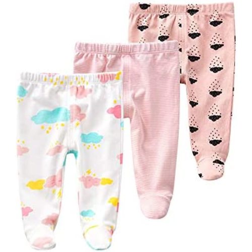 Teach Leanbh Newborn Baby 3 Pack Footed Pants Cotton Embroidery Pringting Casual Leggings 0-12 Months