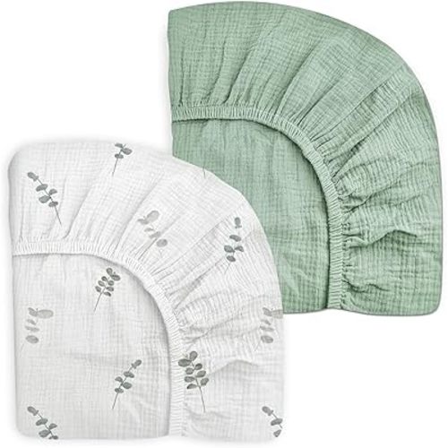 Mini Crib Sheets for Baby Boy Girl 2 Pack, Neutral Mini Crib Mattress Sheet 24" x 38", Muslin Nursery Bedding Soft and Breathable Comfort(Eucalyptus Leaf & Sage)