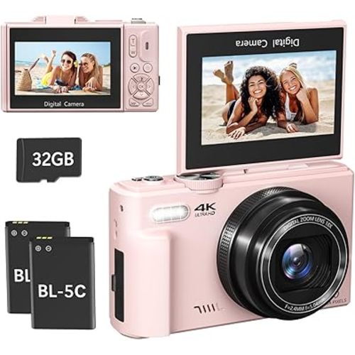 4K Digital Camera for Photography, 64MP Compact Vlogging Camera with WiFi and 3" 180° Flip Screen, 18X Digital Zoom, Ideal for YouTube Creators, Includes 2 Batteries & 32GB Micro SD Card, Pink