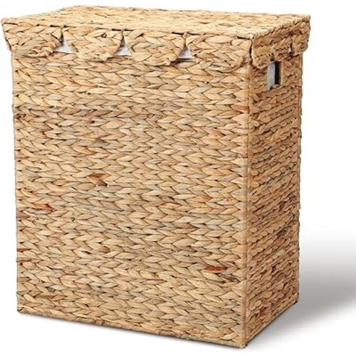 Leinuosen Large Scalloped Laundry Basket with Lid and Removable Liner Bag Natural Woven Water Hyacinth Laundry Hamper Rectangular Hamper for Clothes Towel Bathroom Bedroom, 19.69 x 11.81 x 23.62 Inch