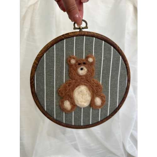 Felted Brown Teddy Bear Nursery Wall Art – Handmade Needle Felt Embroidery Hoop – Heirloom Baby Room Décor