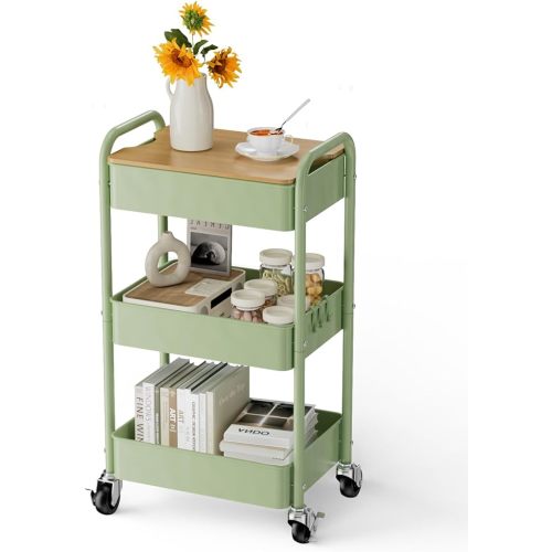 3 Tier Rolling Cart with Table top, Metal Rolling Utility Cart, Sturdy Storage Organizer Cart with Locking Wheels & Hooks for Office, Classroom, Kitchen and Bathroom