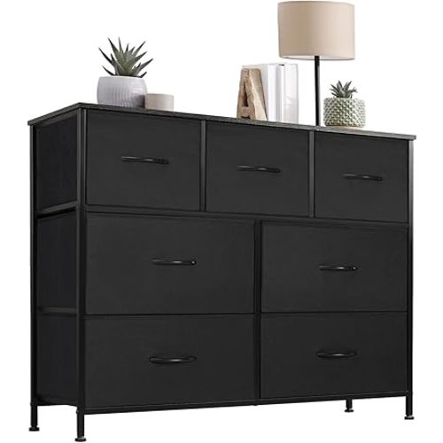 DUMOS Dresser for Bedroom, Chest of Drawers, Closet Storage with 7 Drawers, Cloth Dresser Clothes Organizers Tower with Fabric Bins, Metal Frame, Wood Tabletop for Nursery, Guest Room, Living Room