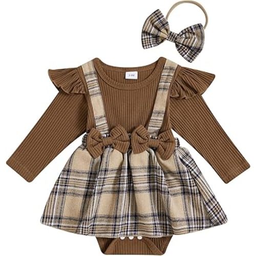 MoZiKQin Baby Girl Thanksgiving Outfit Newborn Romper Dress Ribbed Ruffle Skirt Hem Jumpsuit Cute Fall Clothes+Headband