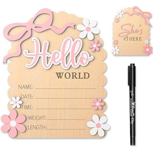 Baby Announcement Sign, Hello World Newborn Sign for Hospital, Double-Sided She’s Here Baby Announcements Ideas, Welcome Newborn Photography Props Hospital Nursery for Baby